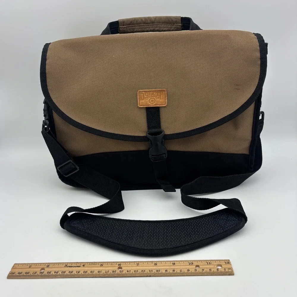 DULUTH TRADING CO Messenger Bag Laptop Khaki Black Canvas Utility Work Tan Brown